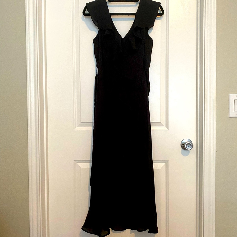DKNY black ruffle midis dress with tie, worn once perfect condition!